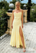 Pale Yellow Spaghetti Strap Backless Slit Mermaid Evening Gown for Formal Wedding Party, PD01255
