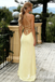 Pale Yellow Spaghetti Strap Backless Slit Mermaid Evening Gown for Formal Wedding Party, PD01255