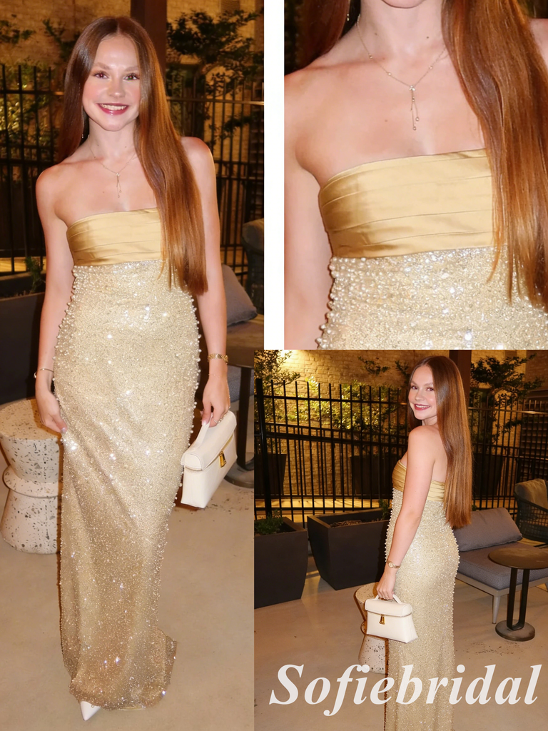 Gold Strapless Beaded Sequin Mermaid Formal Prom Dress with Pearl Details, PD01256