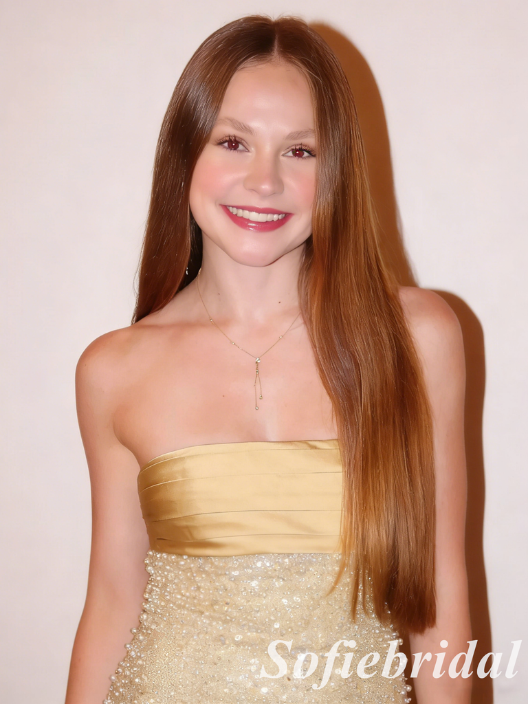 Gold Strapless Beaded Sequin Mermaid Formal Prom Dress with Pearl Details, PD01256