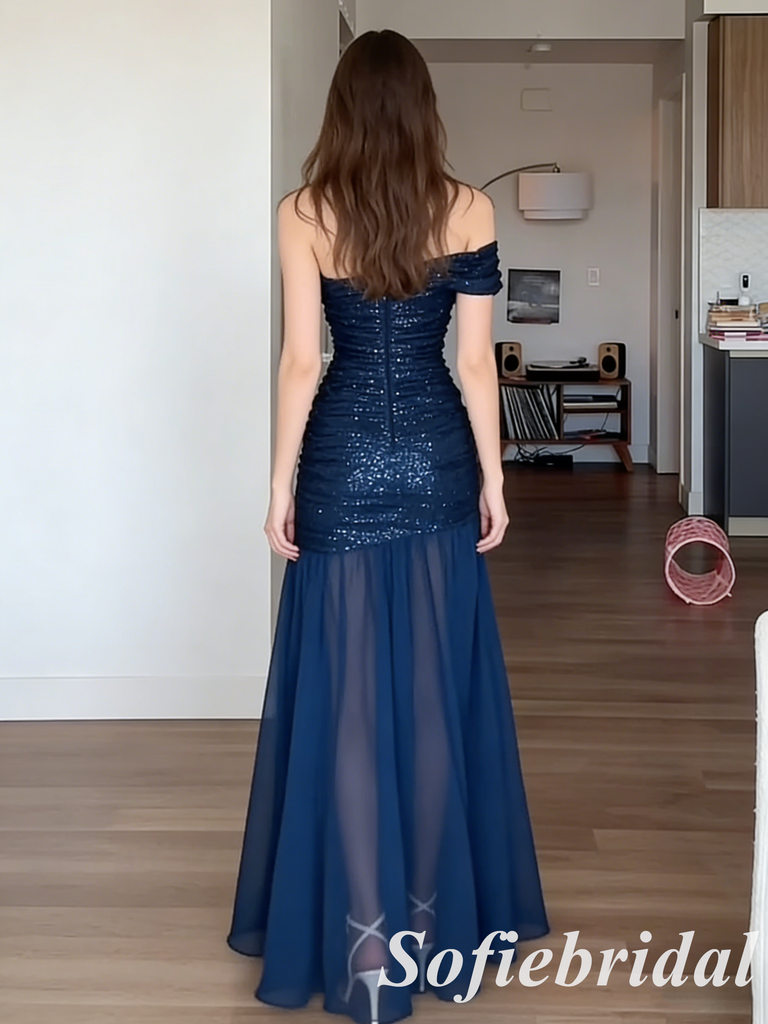 Navy Blue One Shoulder Sequin Chiffon Floor Length Formal Evening Dress, PD01258