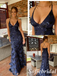Navy Blue Spaghetti Strap Floral Sequin Mermaid Bridesmaid Evening Gown, PD01259