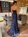 Navy Blue Spaghetti Strap Floral Sequin Mermaid Bridesmaid Evening Gown, PD01259