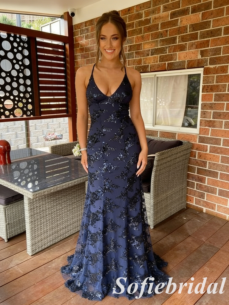 Navy Blue Spaghetti Strap Floral Sequin Mermaid Bridesmaid Evening Gown, PD01259
