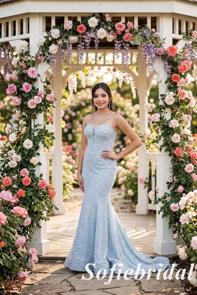 Elegant Light Blue Sequin Mermaid Prom Dress, Strapless Corset Beaded Formal Gown for Women, PD01260