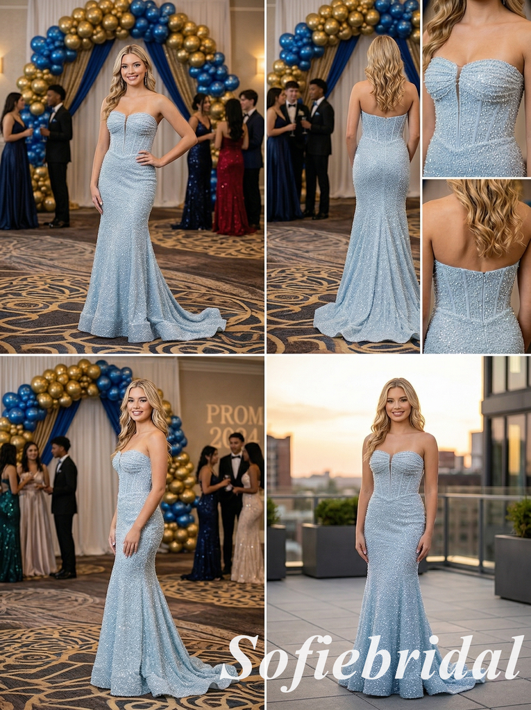 Elegant Light Blue Sequin Mermaid Prom Dress, Strapless Corset Beaded Formal Gown for Women, PD01260