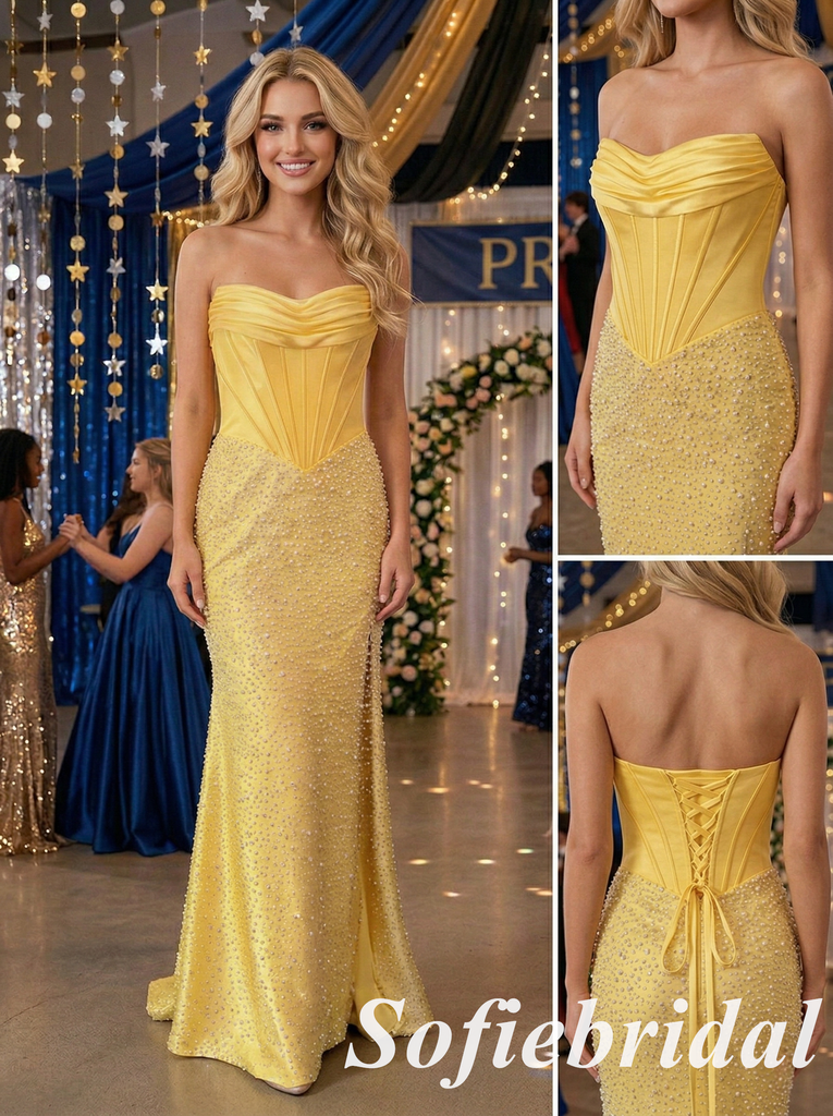 Shiny Sunflower Yellow Strapless Corset Prom Dress, Satin Beaded Mermaid Formal Gown, PD01261