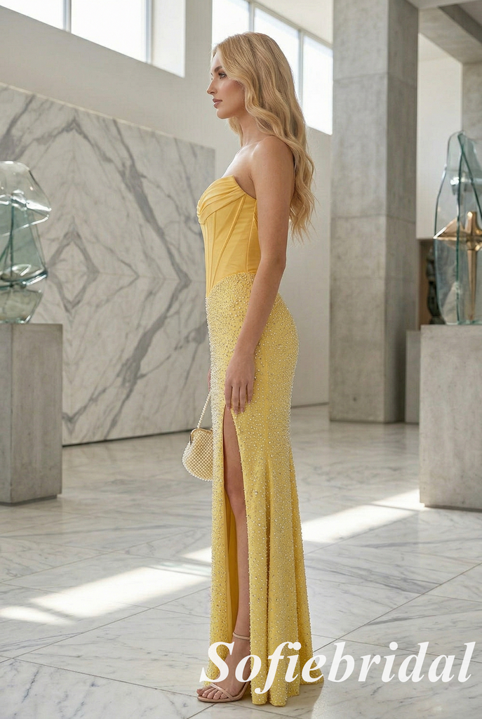 Shiny Sunflower Yellow Strapless Corset Prom Dress, Satin Beaded Mermaid Formal Gown, PD01261