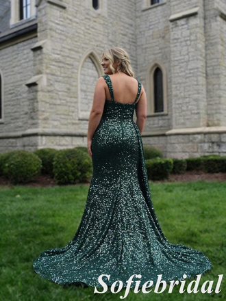 Sparkly Emerald Green Sequin Mermaid Slit Formal Evening Gown Spaghetti Straps Party Dress, PD01263