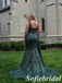 Sparkly Emerald Green Sequin Mermaid Slit Formal Evening Gown Spaghetti Straps Party Dress, PD01263