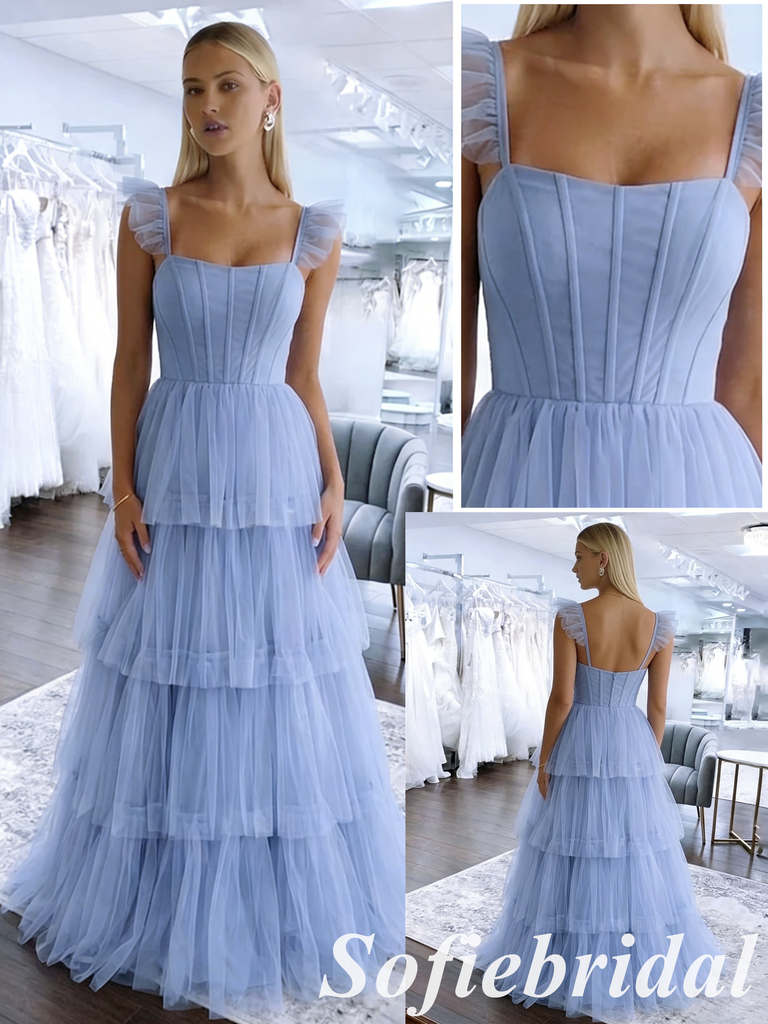 Elegant Tulle Square Tiered Corset Formal Evening Gown Ruffle Strap Backless Party Dress, PD01264