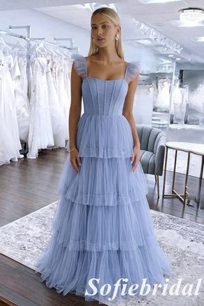 Elegant Tulle Square Tiered Corset Formal Evening Gown Ruffle Strap Backless Party Dress, PD01264