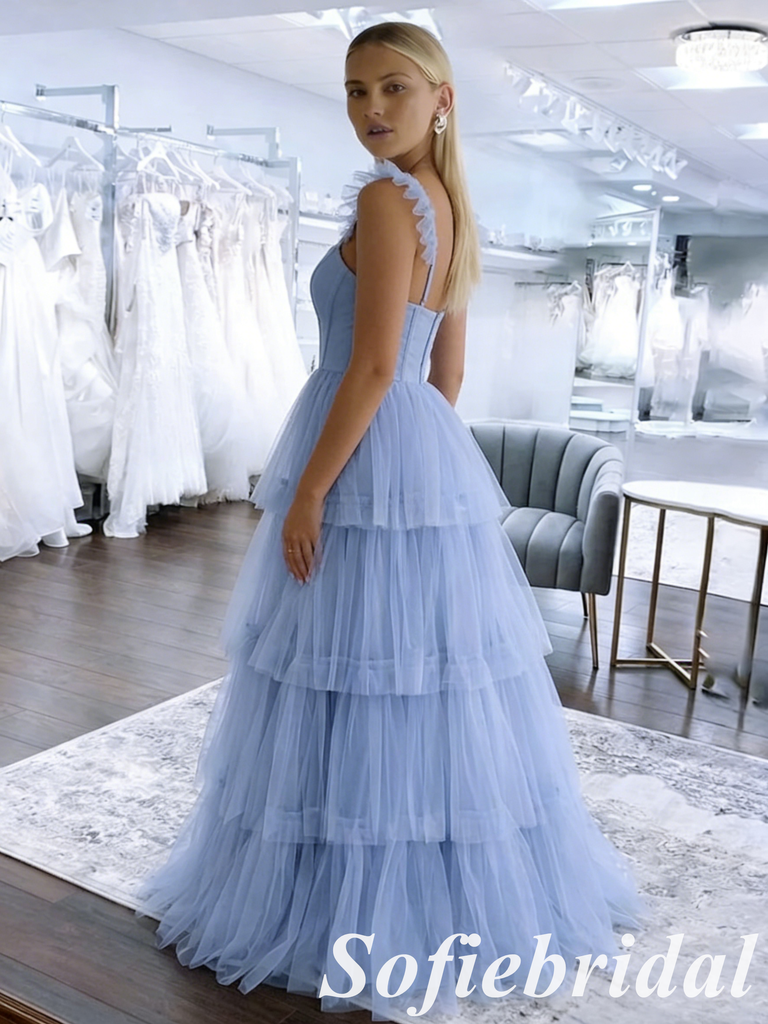 Elegant Tulle Square Tiered Corset Formal Evening Gown Ruffle Strap Backless Party Dress, PD01264