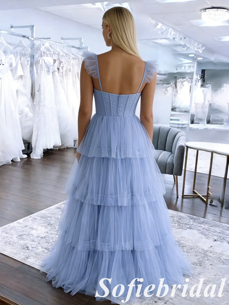 Elegant Tulle Square Tiered Corset Formal Evening Gown Ruffle Strap Backless Party Dress, PD01264