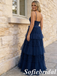 Elegant Navy Blue V-Neck Tiered Tulle Formal Evening Gown Spaghetti Straps A-Line Party Dress, PD01265