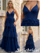 Elegant Navy Blue V-Neck Tiered Tulle Formal Evening Gown Spaghetti Straps A-Line Party Dress, PD01265