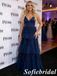 Elegant Navy Blue V-Neck Tiered Tulle Formal Evening Gown Spaghetti Straps A-Line Party Dress, PD01265