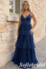 Elegant Navy Blue V-Neck Tiered Tulle Formal Evening Gown Spaghetti Straps A-Line Party Dress, PD01265
