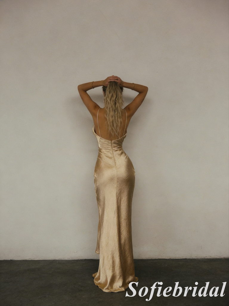 Sexy Champagne Gold Satin Spaghetti Straps Cowl Neck Backless Maxi Formal Dress, PD01268