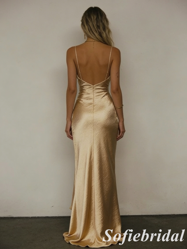 Sexy Champagne Gold Satin Spaghetti Straps Cowl Neck Backless Maxi Formal Dress, PD01268
