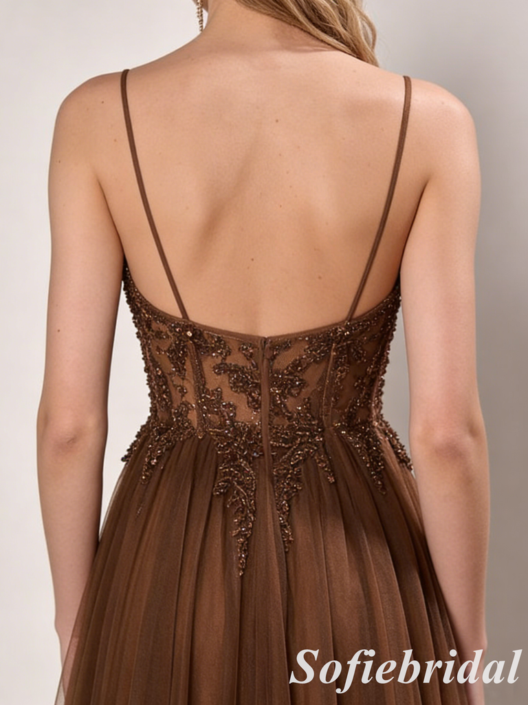 Luxury Chocolate Beaded Tulle Formal Dress, Deep V-Neck Spaghetti Straps A Line Gown, PD01266