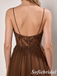 Luxury Chocolate Beaded Tulle Formal Dress, Deep V-Neck Spaghetti Straps A Line Gown, PD01266