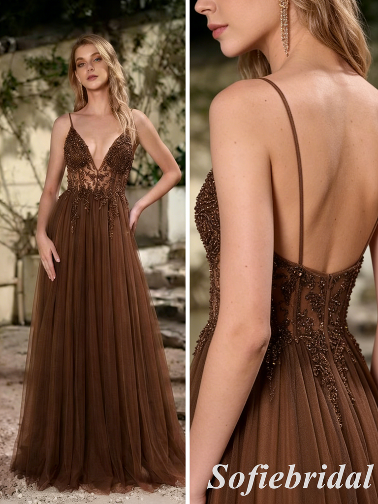 Luxury Chocolate Beaded Tulle Formal Dress, Deep V-Neck Spaghetti Straps A Line Gown, PD01266