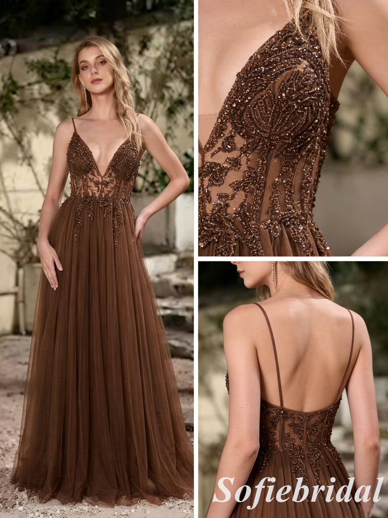 Luxury Chocolate Beaded Tulle Formal Dress, Deep V-Neck Spaghetti Straps A Line Gown, PD01266