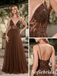 Luxury Chocolate Beaded Tulle Formal Dress, Deep V-Neck Spaghetti Straps A Line Gown, PD01266