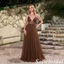 Luxury Chocolate Beaded Tulle Formal Dress, Deep V-Neck Spaghetti Straps A Line Gown, PD01266