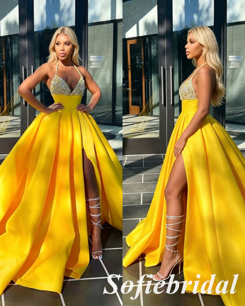 Sparkly Yellow Satin Halter Deep V-Neck Ball Gown Side Slit, PD01284