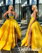 Sparkly Yellow Satin Halter Deep V-Neck Ball Gown Side Slit, PD01284