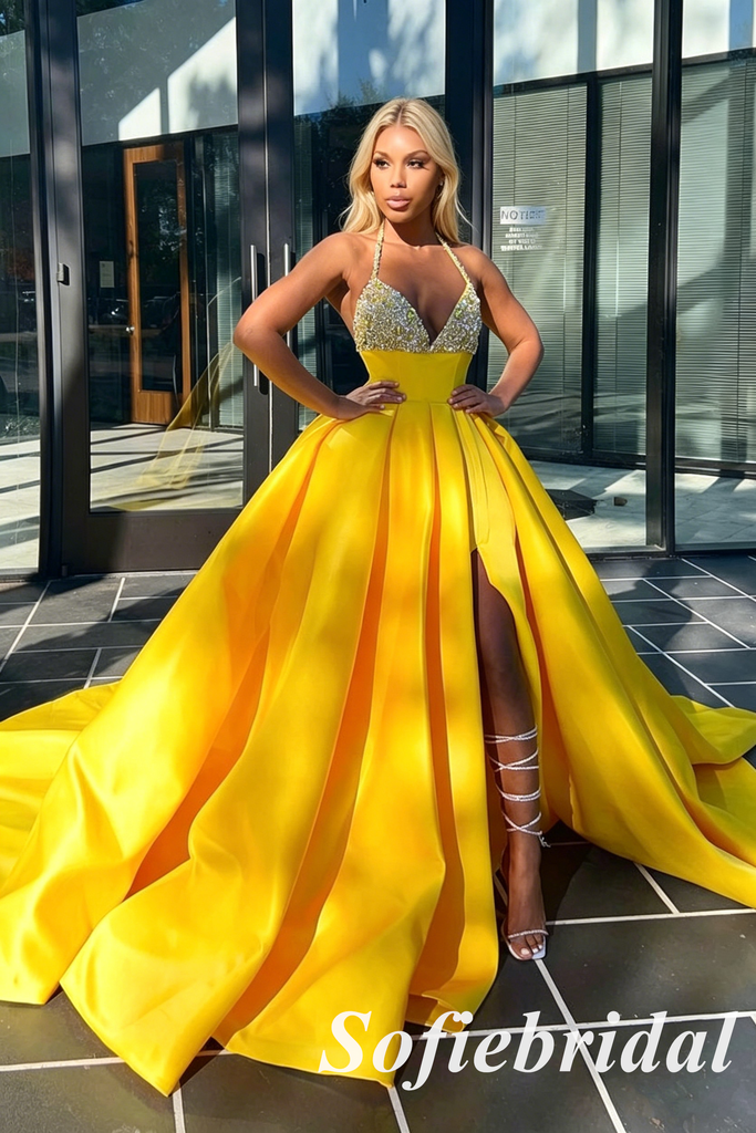 Sparkly Yellow Satin Halter Deep V-Neck Ball Gown Side Slit, PD01284