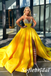 Sparkly Yellow Satin Halter Deep V-Neck Ball Gown Side Slit, PD01284
