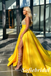 Sparkly Yellow Satin Halter Deep V-Neck Ball Gown Side Slit, PD01284