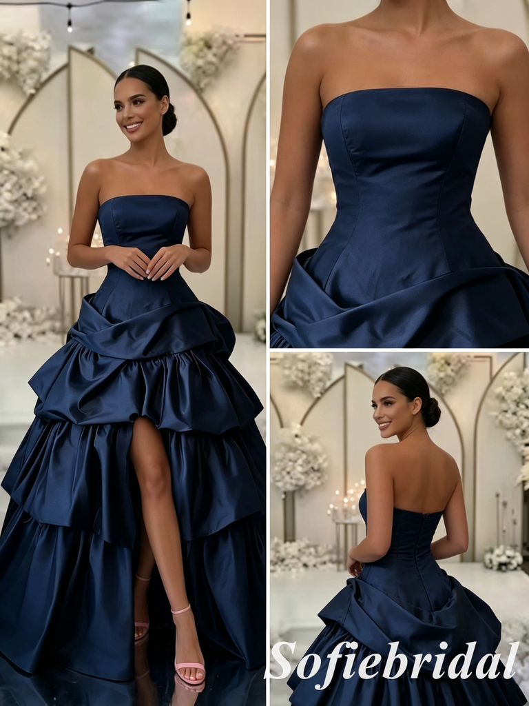 Glam Navy Blue Strapless Satin Tiered Ruffle Prom Dress with High Slit, Formal Evening Gown, PD01271