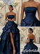 Glam Navy Blue Strapless Satin Tiered Ruffle Prom Dress with High Slit, Formal Evening Gown, PD01271