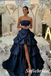 Glam Navy Blue Strapless Satin Tiered Ruffle Prom Dress with High Slit, Formal Evening Gown, PD01271