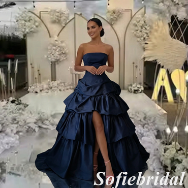 Glam Navy Blue Strapless Satin Tiered Ruffle Prom Dress with High Slit, Formal Evening Gown, PD01271