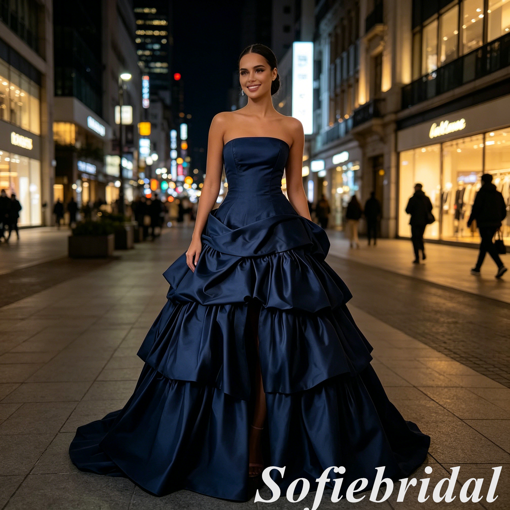 Glam Navy Blue Strapless Satin Tiered Ruffle Prom Dress with High Slit, Formal Evening Gown, PD01271