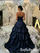 Glam Navy Blue Strapless Satin Tiered Ruffle Prom Dress with High Slit, Formal Evening Gown, PD01271