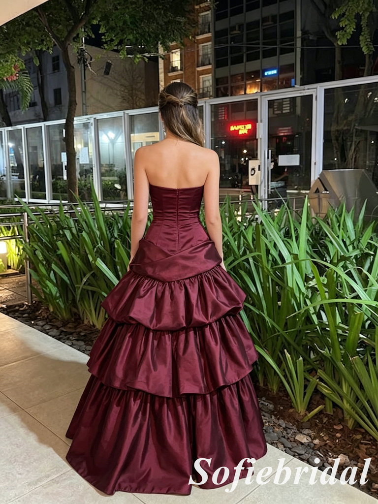 Luxury Burgundy Strapless Satin Tiered Ball Gown, Formal Evening Prom Dress for Wedding & Party, PD01272