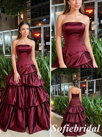 Luxury Burgundy Strapless Satin Tiered Ball Gown, Formal Evening Prom Dress for Wedding & Party, PD01272