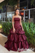 Luxury Burgundy Strapless Satin Tiered Ball Gown, Formal Evening Prom Dress for Wedding & Party, PD01272