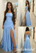 Light Blue Strapless Ruched Chiffon Prom Dress with Slit, Formal Evening Gown for Wedding Guest, PD01274