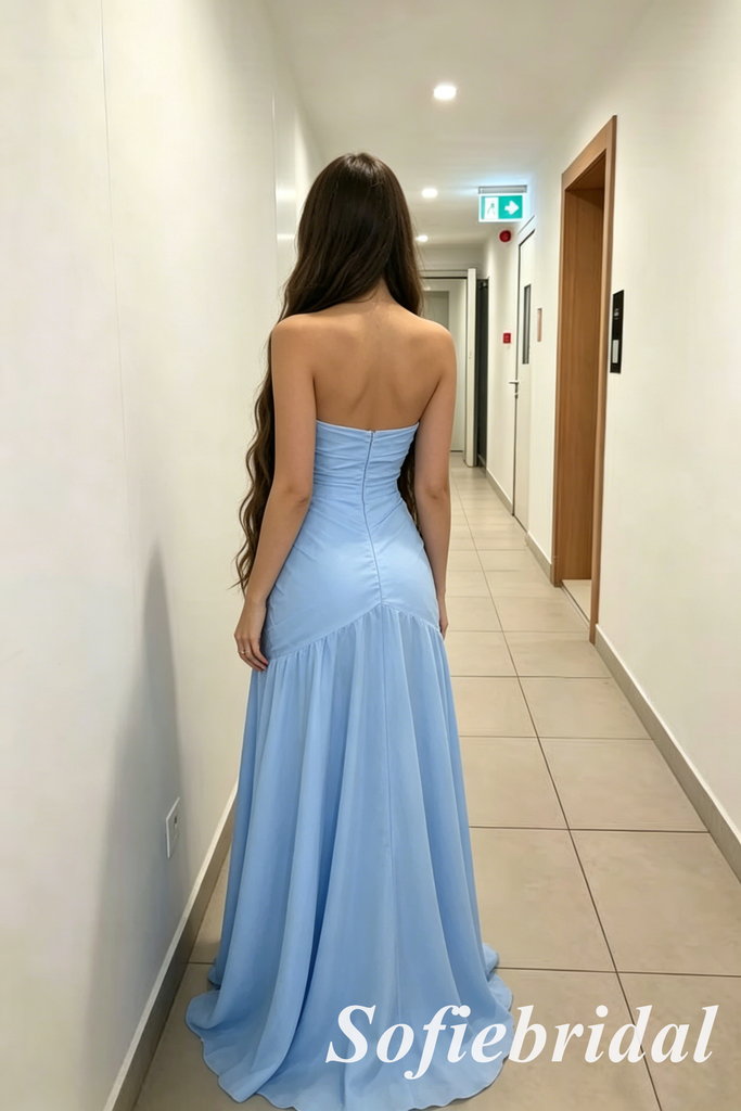 Light Blue Strapless Ruched Chiffon Prom Dress with Slit, Formal Evening Gown for Wedding Guest, PD01274