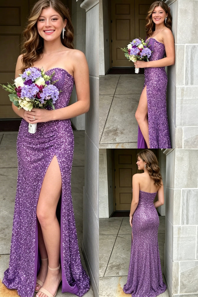 Lavender Strapless Sequin Mermaid Prom Dress With Slit Formal Evening Gown, PD01276
