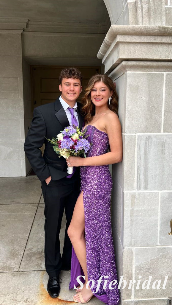 Lavender Strapless Sequin Mermaid Prom Dress With Slit Formal Evening Gown, PD01276