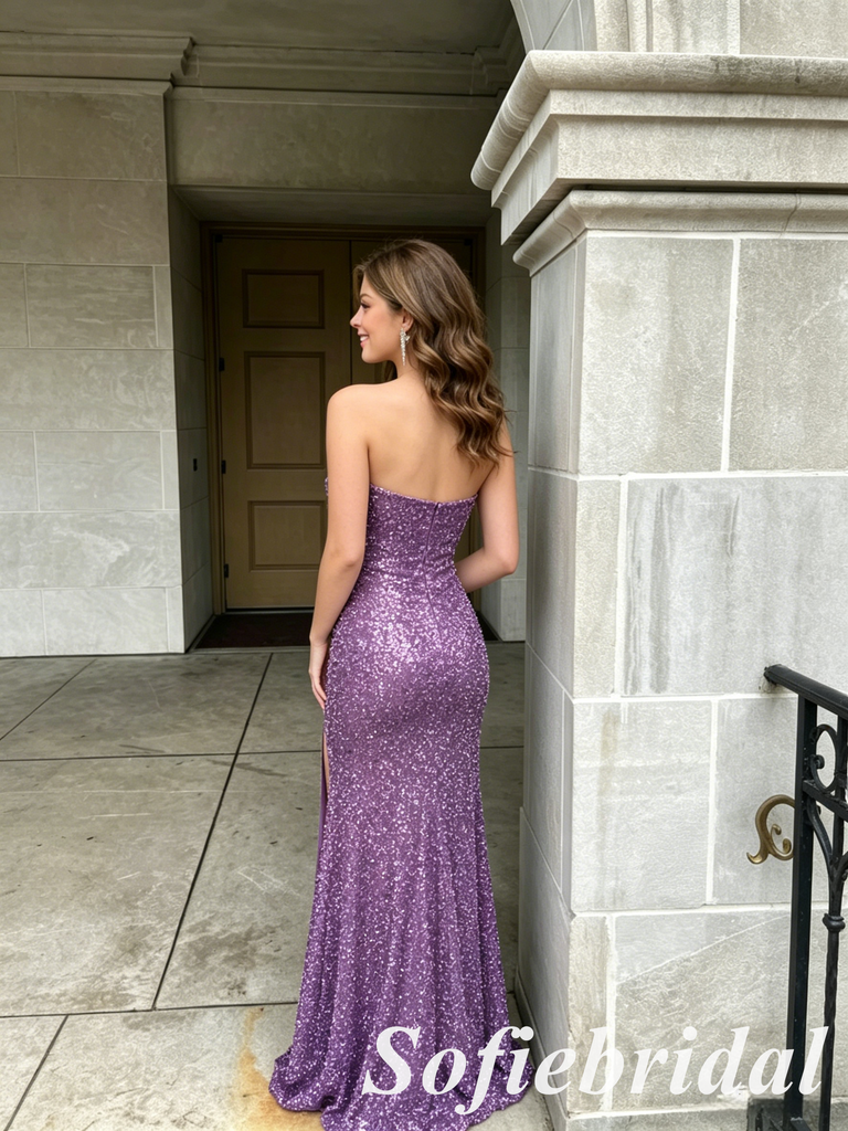 Lavender Strapless Sequin Mermaid Prom Dress With Slit Formal Evening Gown, PD01276