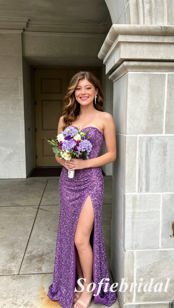 Lavender Strapless Sequin Mermaid Prom Dress With Slit Formal Evening Gown, PD01276